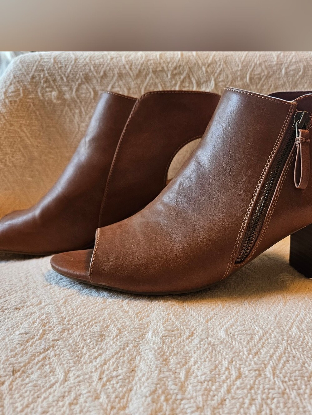 Women’s Brown Open-Toe Block Heel Booties 11M Velcro Closure